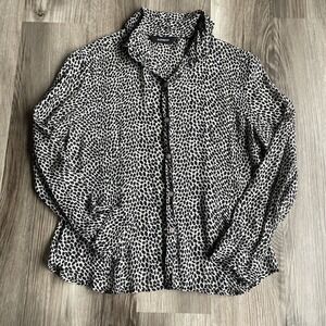 Y2K Express‎ Animal Print Silk Blouse Sheer Button Front Size Small Black White